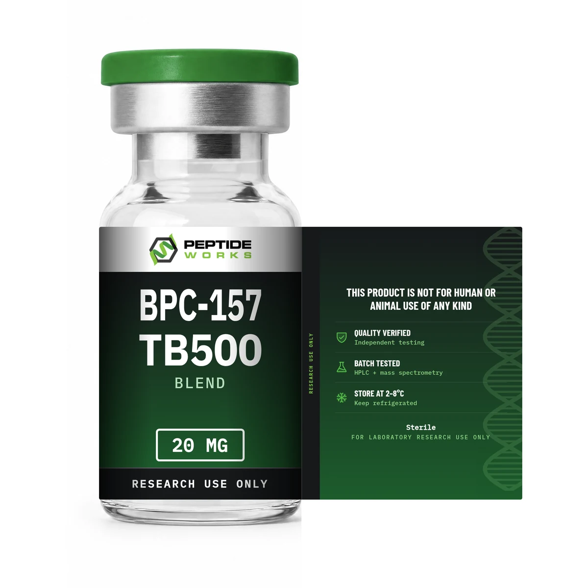 BPC-157 TB500 Blend Peptide Vial label shown flat: research use only, storage and testing details