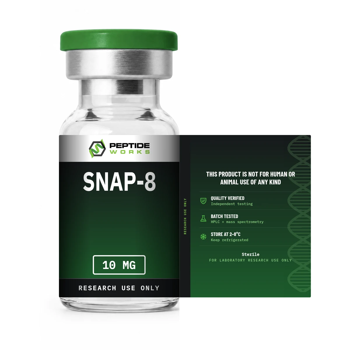 SNAP-8 Peptide Vial label shown flat: research use only, storage and testing details