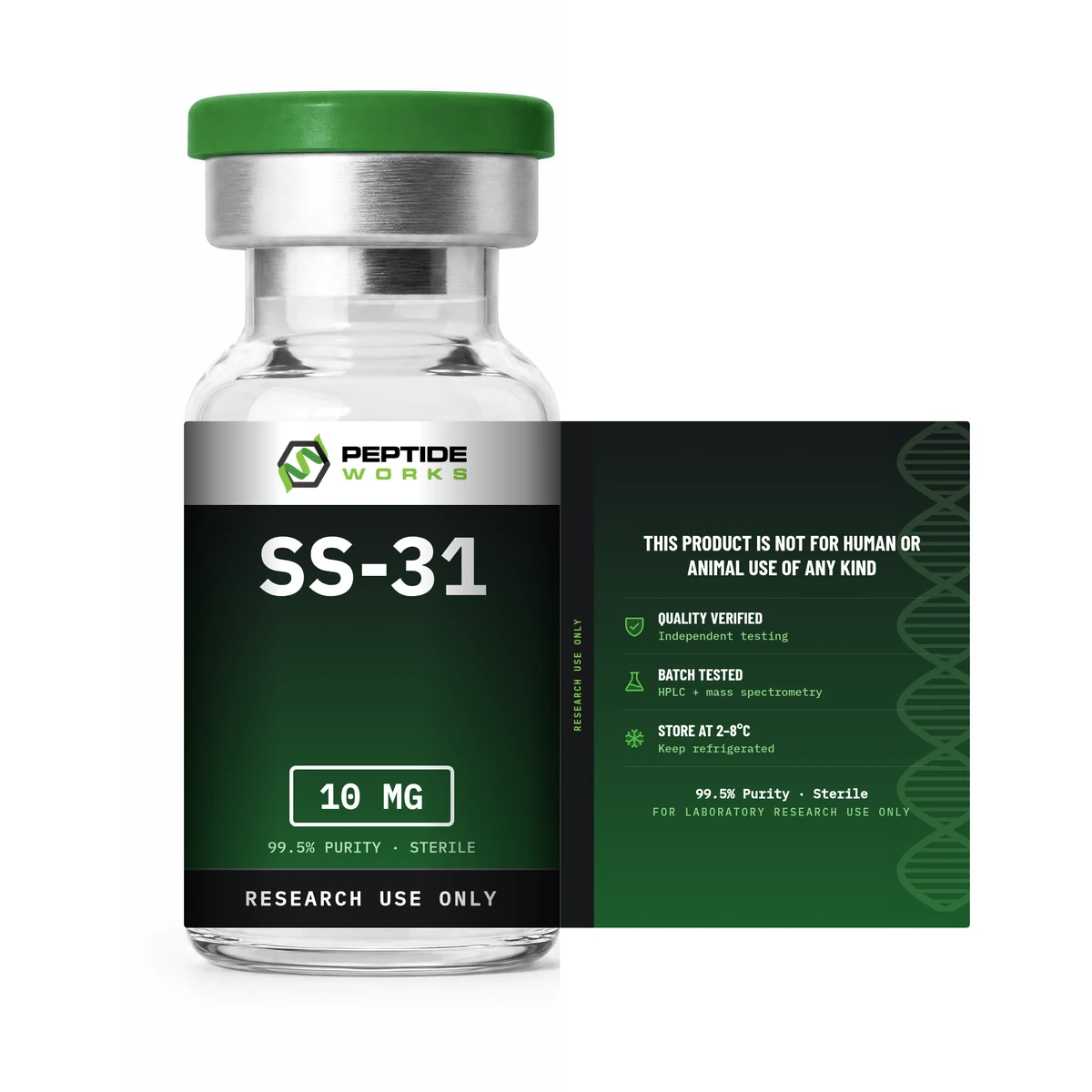 SS-31 Peptide Vial label shown flat: research use only, storage and testing details